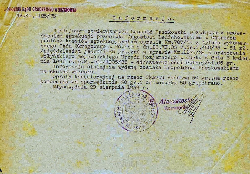 KKE 5953-20.jpg - Dok. Teczka Wierzytelności (spraw spornych) pomiędzy Leopoldem Kleofasem Paszkowskim a hrabią Augustem Ledóchowskim z Ostrożca, Równe, 26 XI 1935/29 VIII 1939 r.